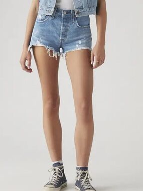 Levi's 501 High-Rise Distressed Denim Shorts - Light Blue